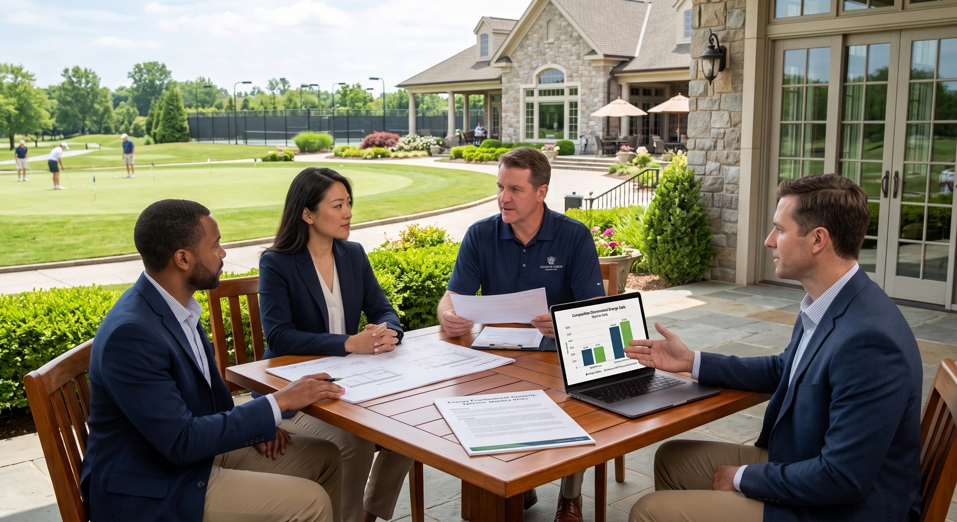 Advisors reviewing plans and energy information at a country club